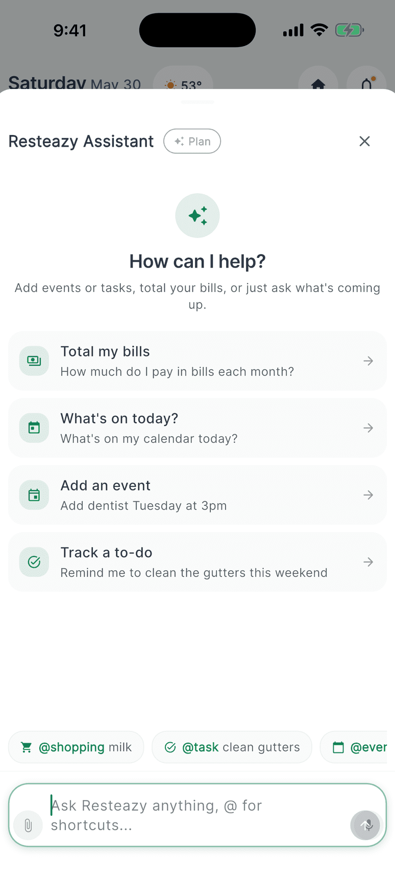 Resteazy AI assistant answering a question about the week